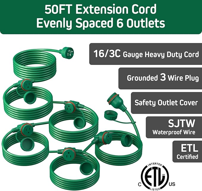 50FT Green Outdoor Extension Cord, Evenly Spaced 6 Outlets Plugs with Waterproof Cover, 16/3 SJTW Weatherproof Multiple Outlets Wire for Holiday Light and Halloween Christmas Decoration, ETL Listed