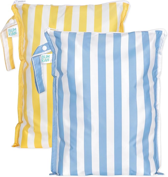 Bumkins - Larger Waterproof Wet Bag - For Baby, Travel, Swim Suit, Cloth Diapers, Pump Parts, Pool, Gym, Toiletry, Strap to Stroller - Reusable & Easy to Clean - 2pk - Yellow & Blue Stripe