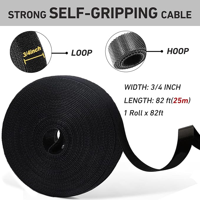 82ft 3/4 inch Fastening Cable Ties, Hitotsu Reusable Hook and Loop Roll, Self-Gripping Bundling Strips for Cord Manage,Home, Office, Electrical Cords, Host Room, Black