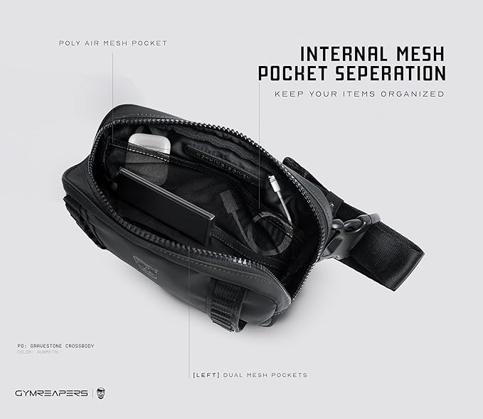 Gymreapers Travel Small Crossbody Bags for Men & Women with Hidden Pocket - Waterproof Crosssbody Fanny Pack for Men with Adjustable Shoulder Sling Belt for Traveling, Running & Hiking (Gunmetal)