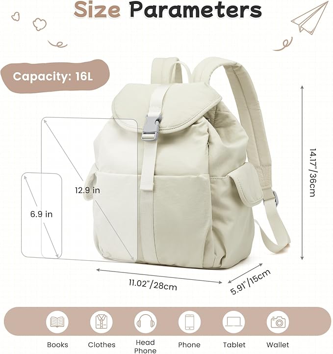 G4Free Small Backpack for Women, Nylon Casual Daypack for Work Travel Campus, Beige