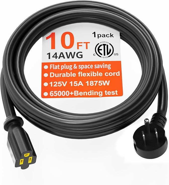 HUANCHAIN 14 Gauge 10 FT Flat Plug Extension Cord Black Indoor Outdoor, Heavy Duty 3 Prong Grounded Low Profile Extension Wire Flexible, 15A 1875W 125V 14AWG SJTW, ETL Listed