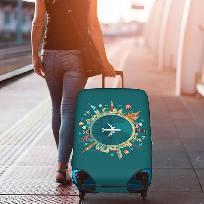 World Travel Luggage Covers and Luggage Tags Tsa Approved, Elastic Washable Fashionable Anti-Scratch Protector, Birthday Gifts for Men Women (M 22-25 Inch Luggage)