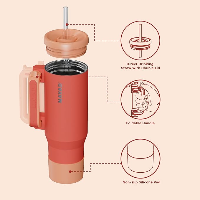 NAYAD 40oz Travel Tumbler with Handle and Straw|Cup Holder Friendly Insulated Stainless Steel Dual Straw-Sip Lid Folding Handle Cupholder Compatible for Travel or Gift| BPA-Free(Orange)