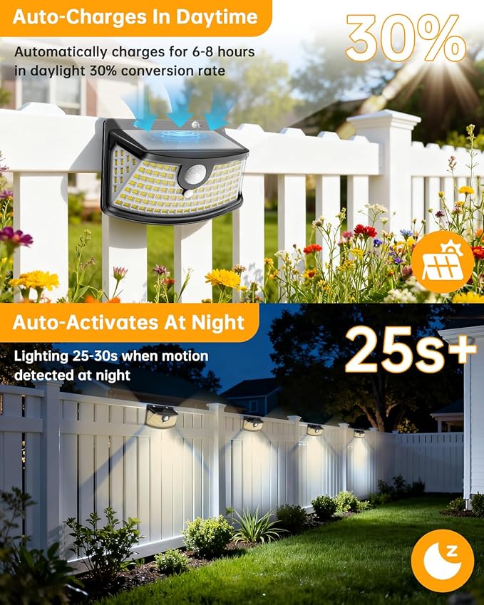 Aootek New Solar Motion Sensor Lights 120 LEDs with Lights Reflector,270° Wide Angle, IP65 Waterproof, Step Lights for Front Door, Yard, Garage, Deck (Black, Warm White, 6-Pack)