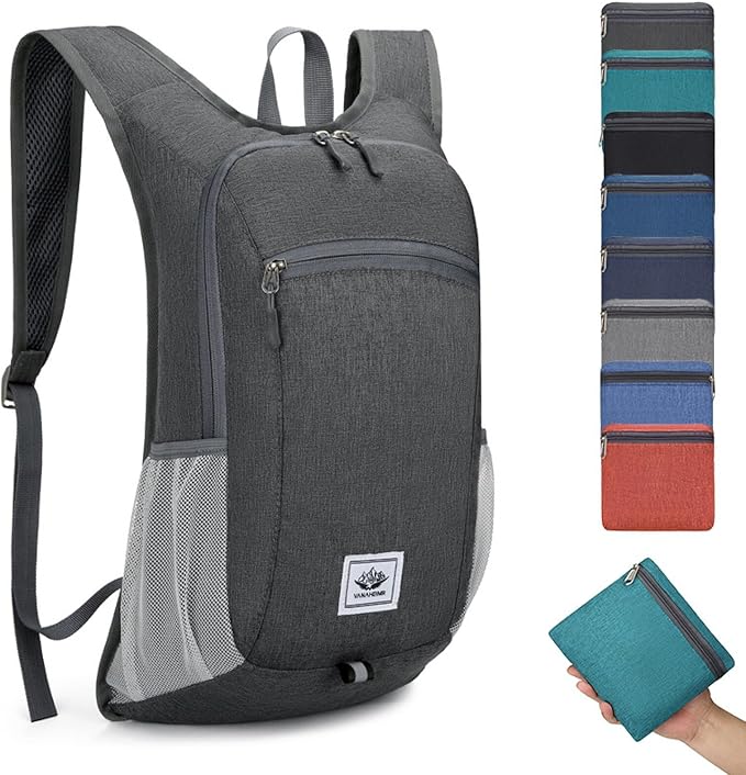 DOJUNS Hiking Backpack 15L Small Travel Backpack Lightweight Foldable Daypack Packable Camping Backpacks for Women Men (Dark Grey)