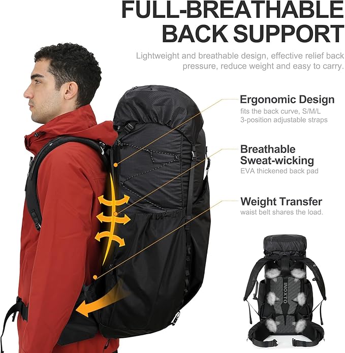 IX INOXTO 55L Internal Frame Waterproof Hiking Camping Backpack with 3L Water Bladder and Rain Cover, Large Lightweight Travel Daypack Rucksack for Climbing (Black)