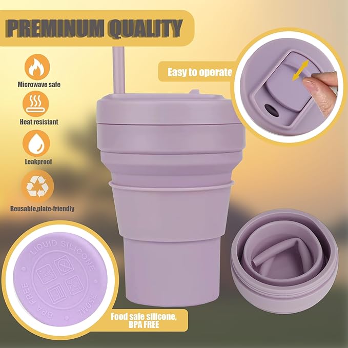 12 Oz Silicone Collapsible Travel Cup,Portable Silicone Water Bottle for Hot and Cold Beverages, Reusable Folding Drinking Cup with Lids 350ml for Camp Hiking Travel with Straw - Purple