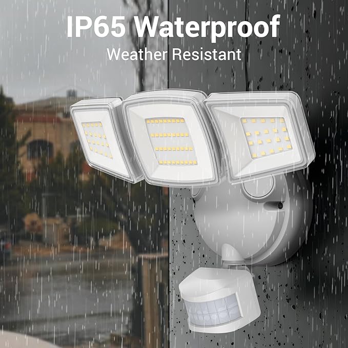 NOVOSTELLA Security Lights Motion Sensor Outdoor, 2Pack LED Flood Lights with Remote, Dusk to Dawn 45W 5000lm 5000K, 3 Heads Wired Wall Adjustable Floodlights, IP65 Waterproof for Garage Yard House