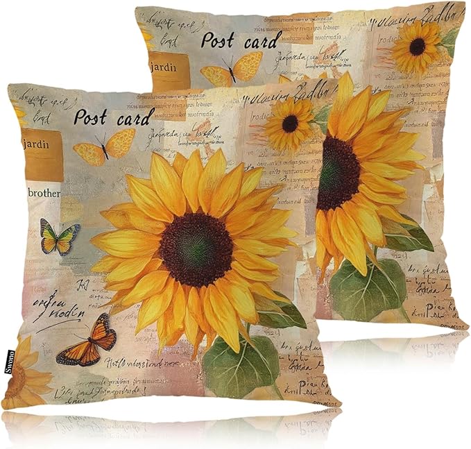Swono Sunflower Set of 2 Decorative Throw Pillow Covers Cushion Case, Vintage Sunflowers Butterflies Farmhouse Pillowcase Cozy Pillow Cover for Couch Sofa Bed Garden Chair Car 18 X 18 Inch