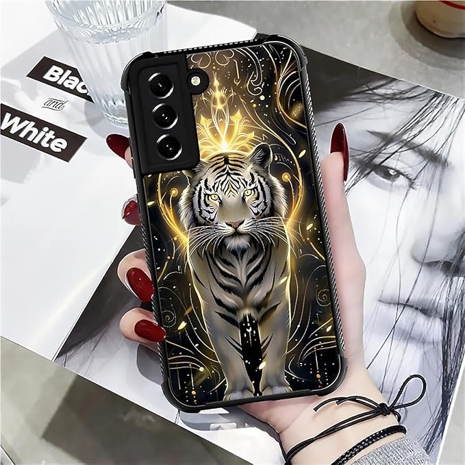 for Samsung Galaxy S21 Case, White Tiger Golden Mystery Pattern Graphic Design Girl Boy Soft Silicone Hard Acrylic Shock Protection for Samsung Galaxy S21