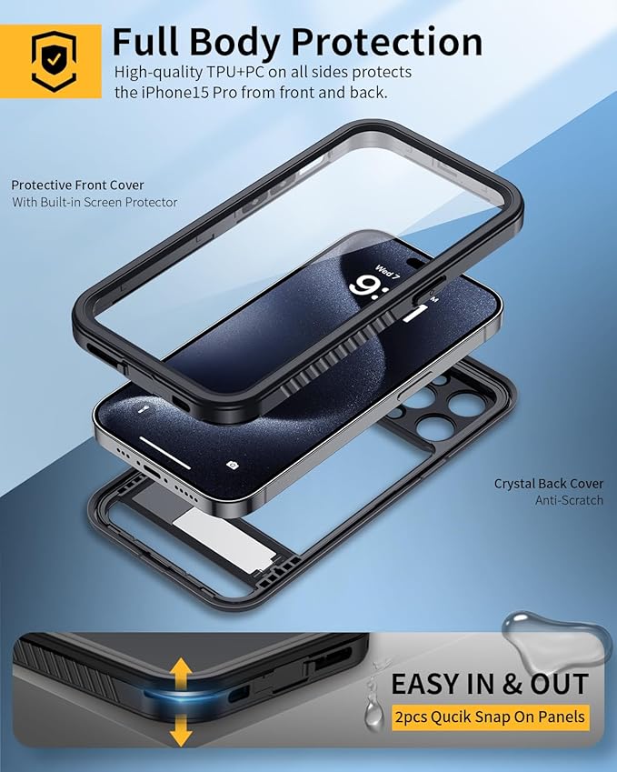 Lanhiem for iPhone 15 Pro Case with Kickstand, IP68 Waterproof Dustproof Case Built-in Screen Protector, Full Body Heavy Duty Shockproof Phone Cover for iPhone 15 Pro, 6.1 Inch (Black)