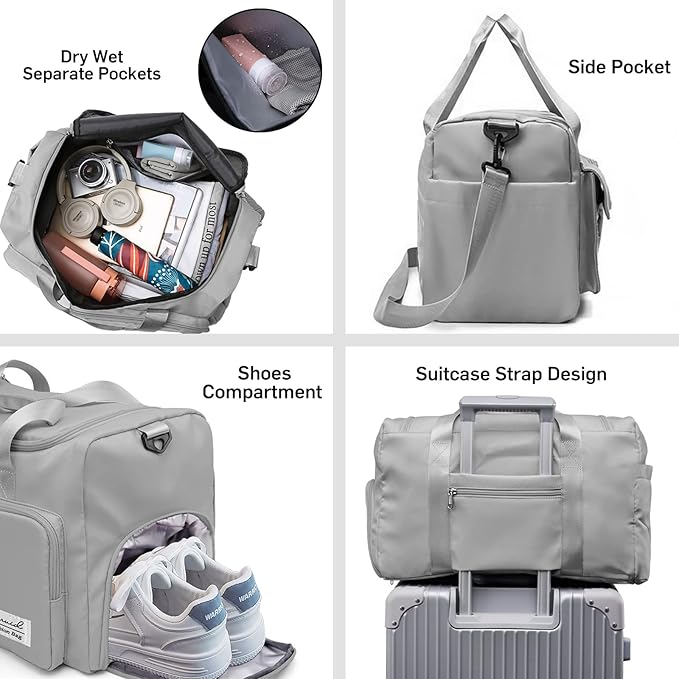 Suruid Sports Gym Duffel Bag with Shoes Compartment and Dry Wet Separated Pocket for Men and Women - Overnight Weekender Training Handbag Yoga Bag - Gray