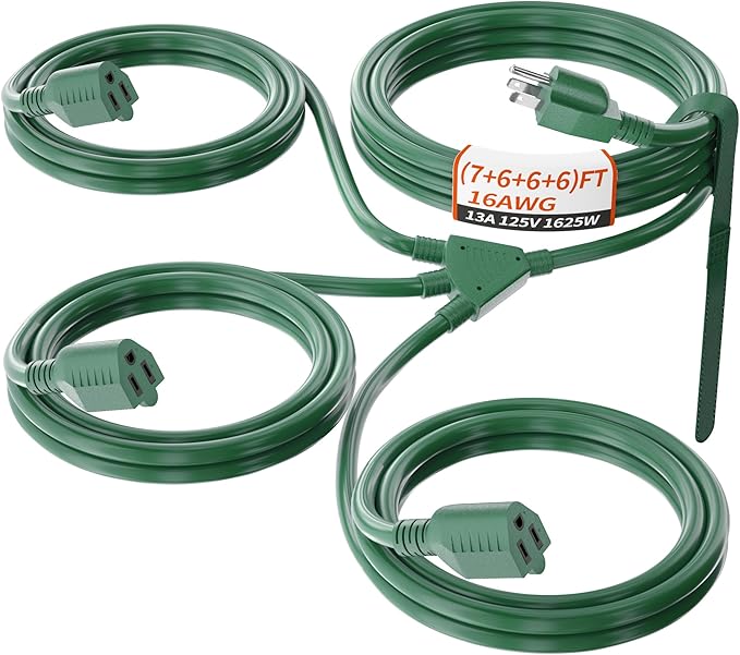 13 FT End to End (7+6+6+6) 1 to 3 Splitter Outdoor Extension Cord with Multiple Outlets; 16/3 SJTW Green Extension Cord Outdoor Waterproof for Christmas Lights; 16AWG 13A 1625W ETL
