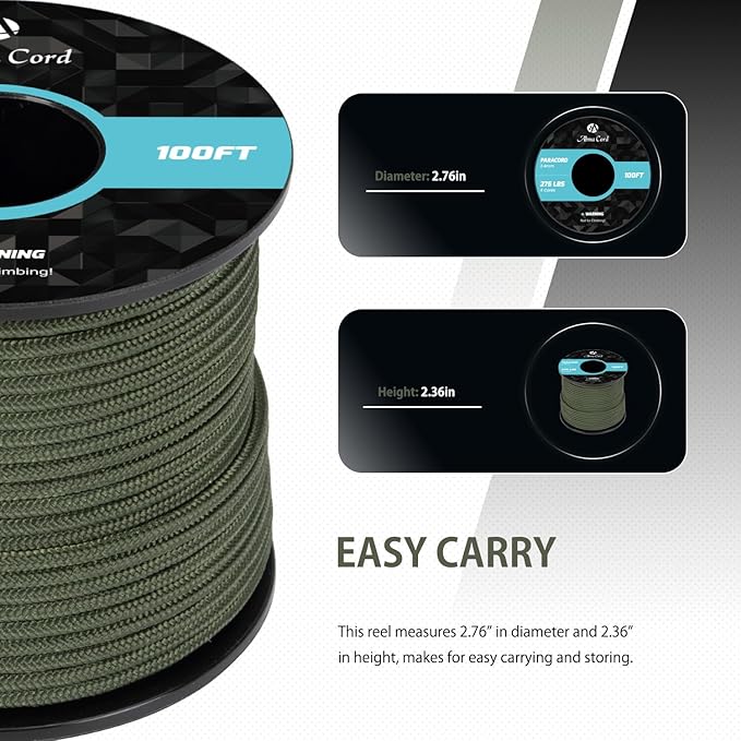 Abma Cord 2.4mm Paracord 275 100ft Nylon Rope 4 Strands Tactical Parachute Cord - Max. 275lbs - Army Green