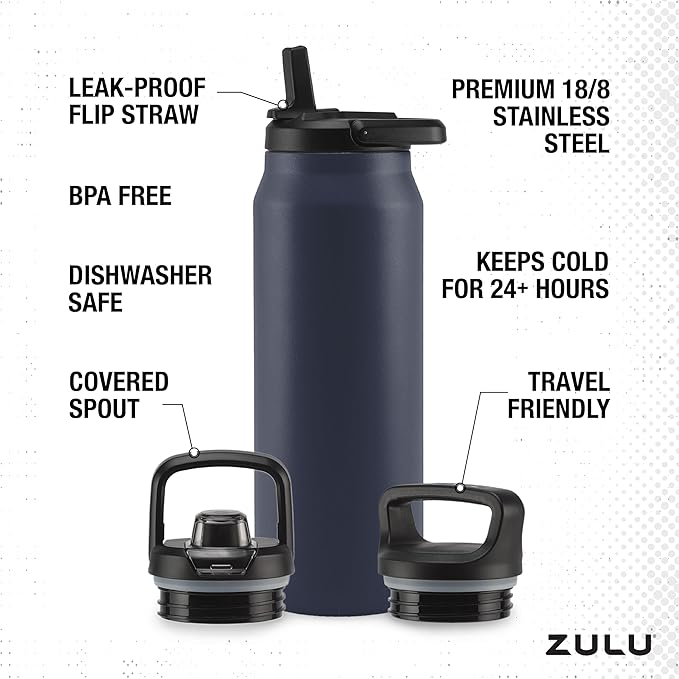 ZULU Base 40oz Stainless Steel Water Bottle with 3 Lids- Straw, Chug, Twist | Double Walled and Vacuum Insulated Metal Thermos | For Gym, Outdoor | Built in Carry Loop, Dishwasher Safe, Navy