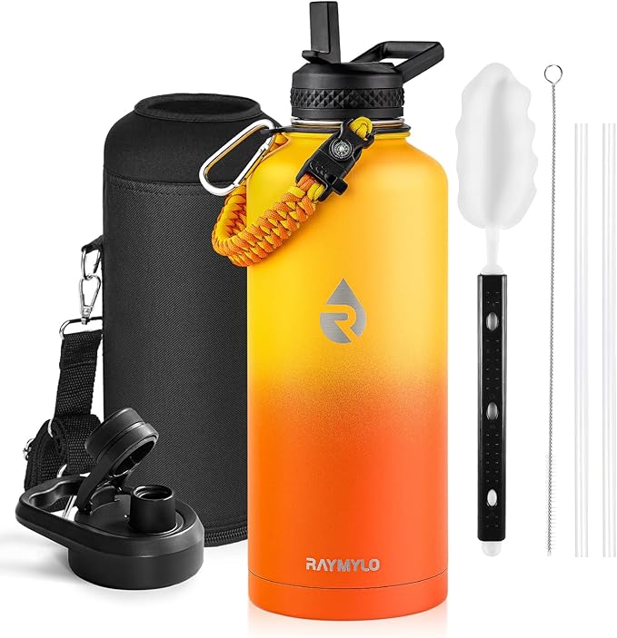 RAYMYLO Insulated Water Bottle 87 oz, Triple Wall Vacuum Stainless Steel (Cold for 48 Hrs), Leak Proof & Non-BPA, Modern Water Flask Jug with Paracord Handle & Straw Spout Lids, Ombre Orange