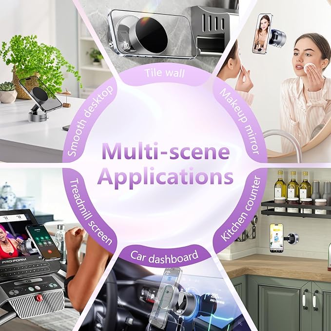 Vacuum Magnetic Phone Holder,Foldable Magnetic Suction Phone Mount,360° Rotation Car Phone Holder,Cell Phones Car Accessories,Hands-Free Phone Holders Suitable to Mirror,Gym,Kitchen (Black)