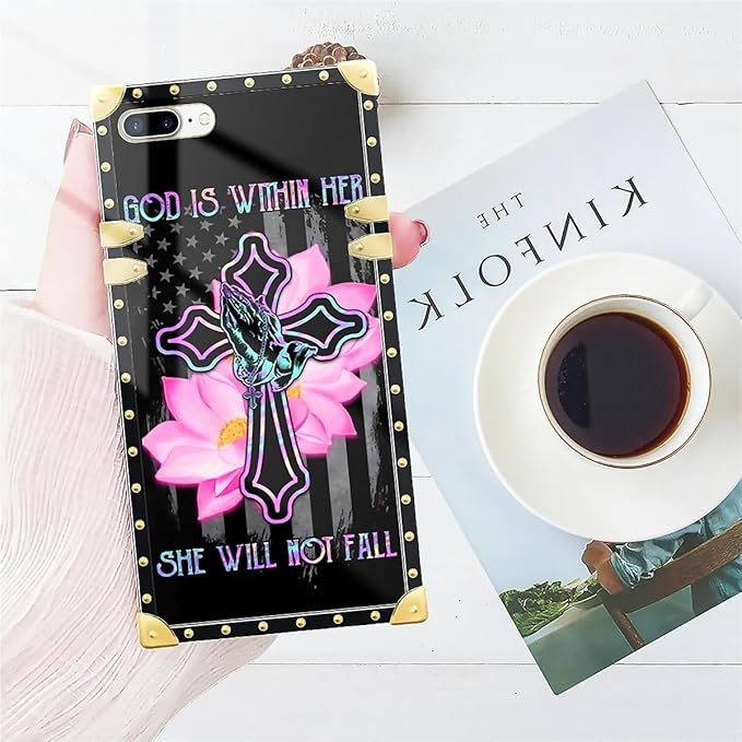 Compatible with iPhone 8 Plus 7 Plus Case, Praying Cross Hands Luxury Golden Decoration for Girl Women Soft TPU Shockproof Protective Hard PC Back for iPhone 8 Plus 7 Plus