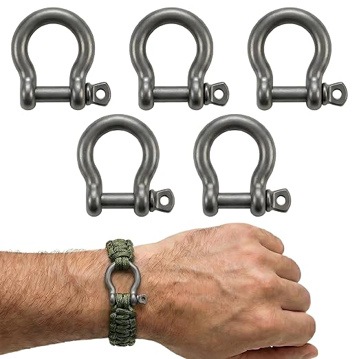 Matte Grey 5/32" Bow Shackle, 5 Pack with Tool, 1433lbs D-Ring Shackle Clasp, Small Stainless Style Anchor Shackle for Paracord Bracelet, Survival Gear