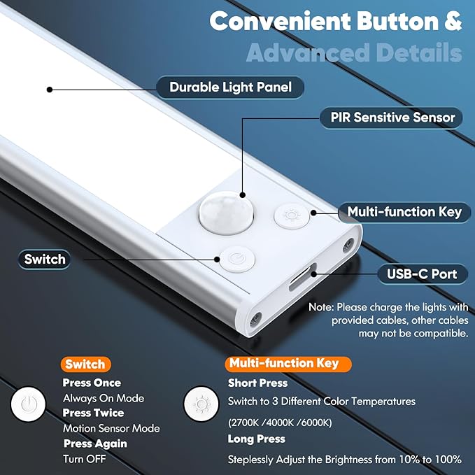 Brightever Under Cabinet Lights, 14inch Rechargeable Battery Operated Motion Sensor Lights Indoor, 3200mAh Wireless Magnetic Dimmable Under Closet Counter Night Lights for Kitchen Stair, 3 Packs
