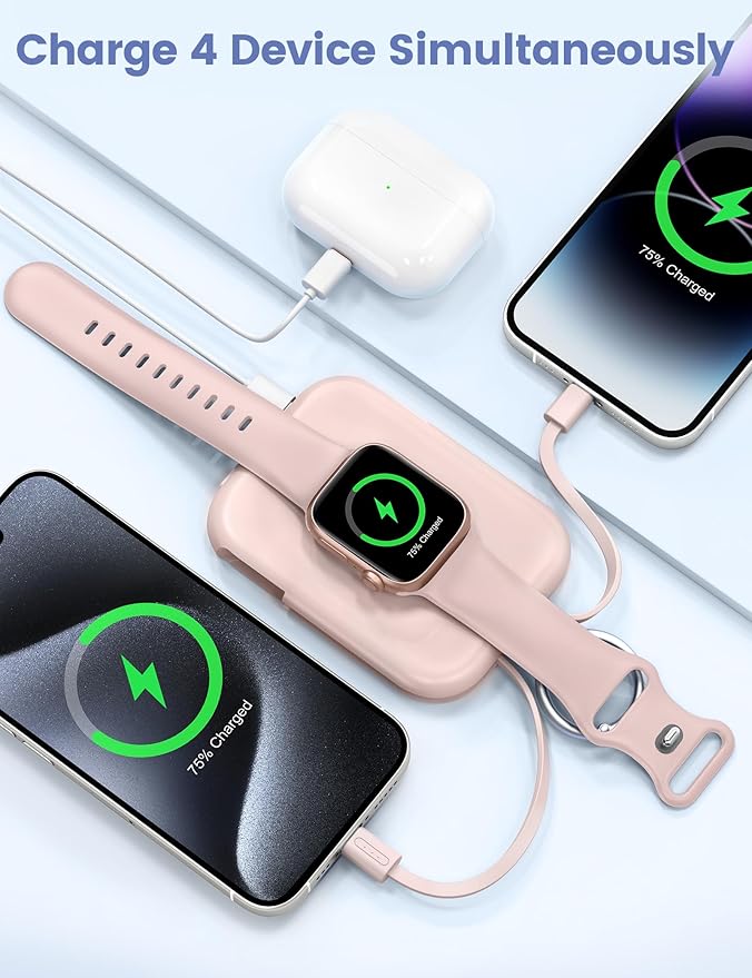 RORRY Portable Charger, 5000mAh Portable Charger Power Bank with Built-in Cables, Travel Keychain Battery Pack for Apple Watch Ultra/11/10/9/8/7/6/SE, iPhone Air/17/16/15/14/13/12, Pink