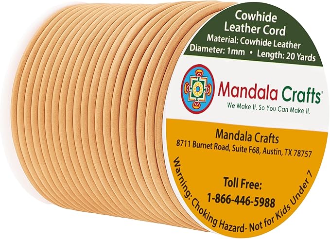 Mandala Crafts Round Genuine Tan Leather Cord for Jewelry Making – 1mm Cowhide Leather Rope String Lace for Kumihimo – 20 Yards Cowhide Craft Cording Spool