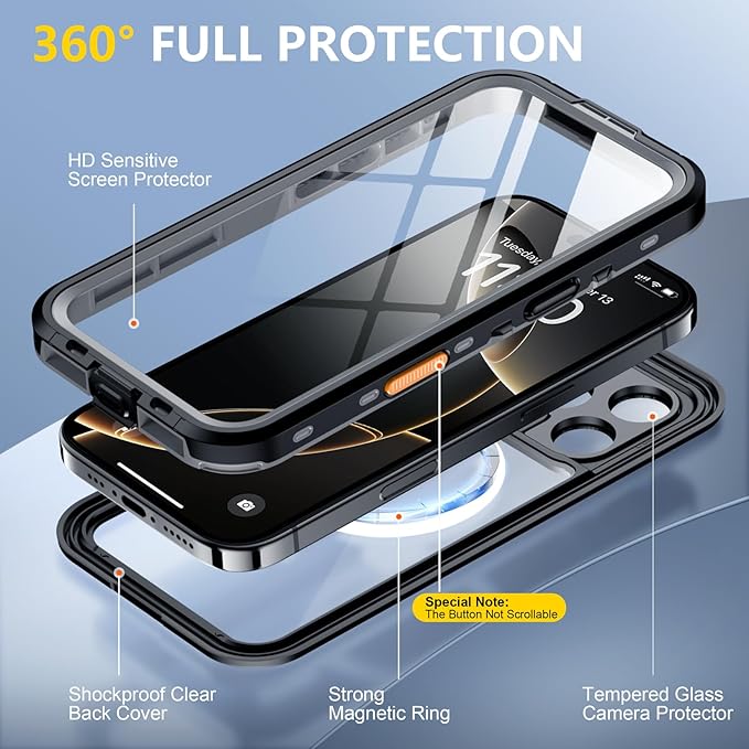 Red2Fire for iPhone 16 Pro Case Waterproof, [Built-in Screen Protector & Camera Protector][Compatible with MagSafe][Full Body Shockproof][IP68 Waterproof][Dustproof] Phone Case 6.3" Black/Clear