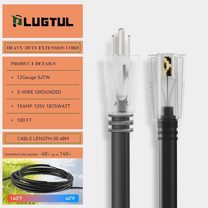 PLUGTUL Outdoor Extension Cord 100FT, 12 Gauge Extension Cord with Lighted End, Heavy Duty,15A 1875W SJTW, ETL Listed, Great for Garden and Home, Black