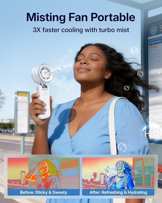 Misting Fan Portable - Handheld Turbo Fan with Mist, Spray Water Mister Fans, 4000mAh Rechargeable, 5-Speeds, Personal Gifts for Women Beach Travel Outdoor - White