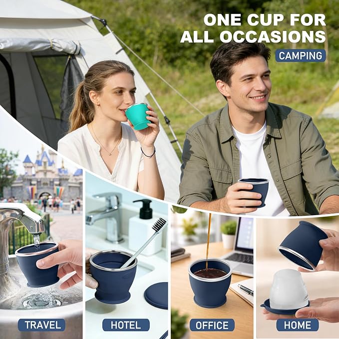 Collapsible Travel Cup, BPA-Free Reusable Water Cup, Lightweight Drinking Cups with Lids and Carrying Strap, Dishwasher Safe Silicone Cups for Camping, Travel, Airports, Hotel (6.7oz, Navy)