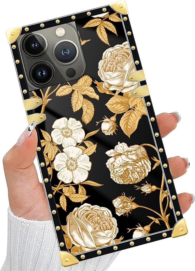 Compatible with iPhone 14 Pro Case, Blooming Rose Golden Flower Luxury Golden Decoration for Girl Women Soft TPU Shockproof Protective Hard PC Back for iPhone 14 Pro