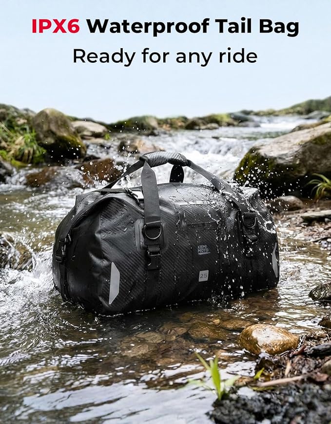 KEMIMOTO Waterproof Motorcycle Dry Bag – Duffle Tail Bag Soft Luggage, 25L/40L/65L Large Capacity with 4 Quick-Release Straps, Dustproof for Touring, Adventure, Motorcycling & Camping Black