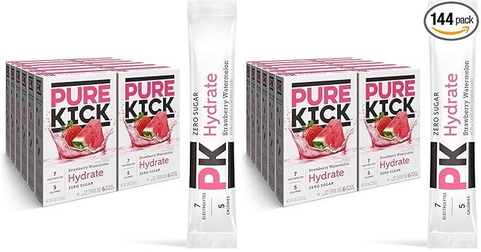 Pure Kick Hydration Singles To Go Drink Mix, Strawberry Watermelon, Includes 12 Boxes with 6 Packets in each Box, (Pack of 144)