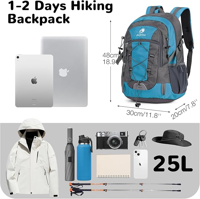 25L Small Hiking Backpack with Chest Strap for Men Women, Waterproof Travel Backpack Day Pack, Lightweight Padded Hiking Daypacks for Camping Traveling Outdoor Sports, Lake Blue