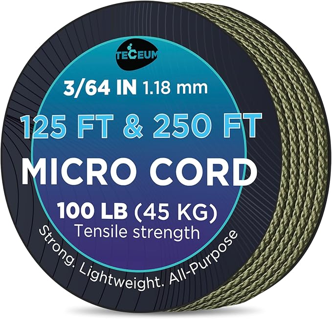 TECEUM Micro Paracord – 1.18 mm X 125 ft – Micro Utility Cord – Thin Braided Paracord Rope – Best for Crafting, DIY Projects, Fishing, Camping – Wind Chime Replacement – Survival Strong String