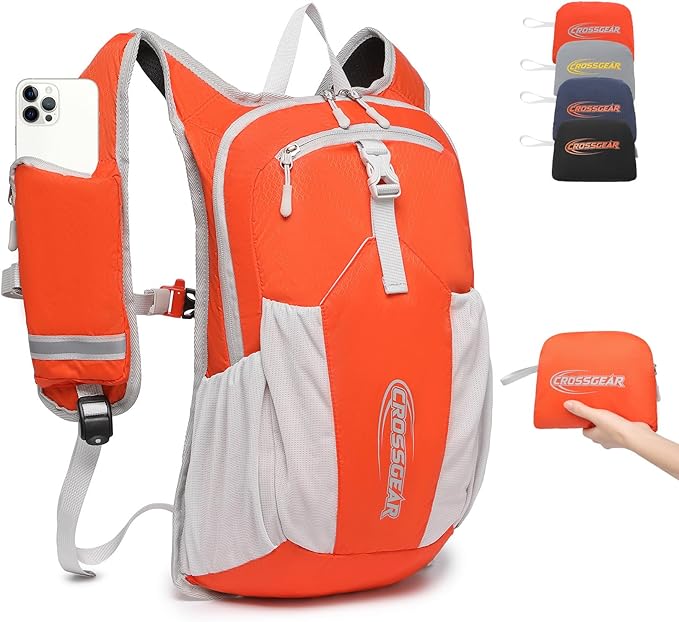 16L Small Hiking Backpack, CROSSGEAR Lightweight Waterproof Foldable Backpack, Travel Camping Outdoor Daypack for Women Men, Orange