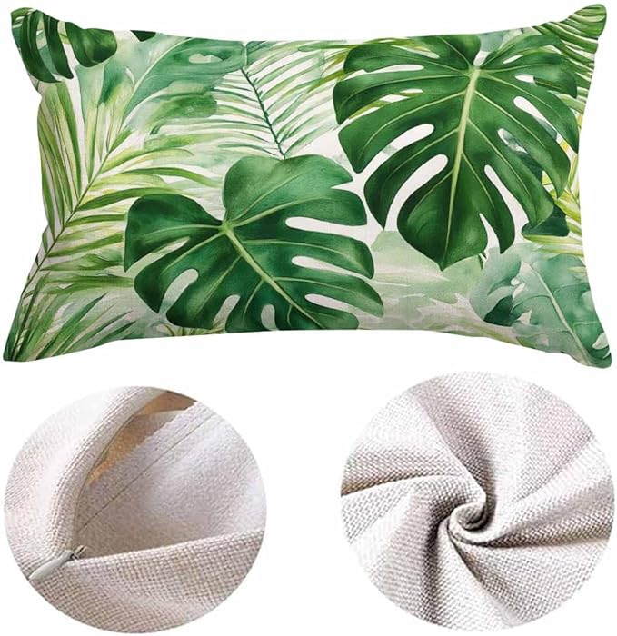 EKOBLA Throw Pillow Cover Green Tropical Palm Fern Leaves Jungle Foliage Farmhouse Decorative Pillow Cases Cotton Linen 12x20 Inch Cushion Cover for Sofa Couch Decoration