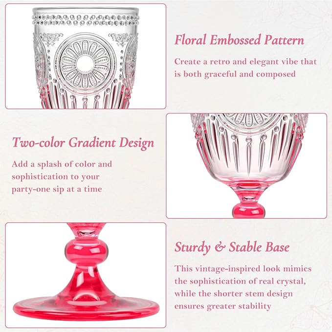 XUWAIDSGN 6Pcs Plastic Vintage Wine Glasses 13.5oz Reusable Embossed Goblet Glasses Pink Gradient Retro Wine Glassware Unbreakable Stemmed Champagne Water Cups for Wine Cocktail Juice Wedding