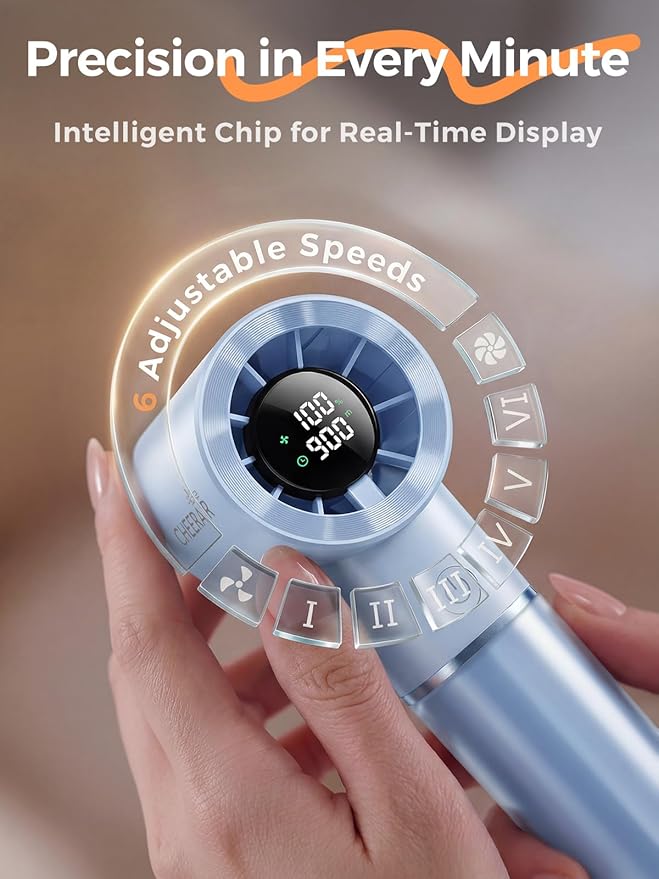Handheld Portable Fan, 6-Speed Powerful Mini Personal Fan, Rechargeable 5000mAh Battery with Up to 15 Hours Runtime, Pocket Turbo Fan with Smart LED Display, Ideal for Travel, Camping, Makeup