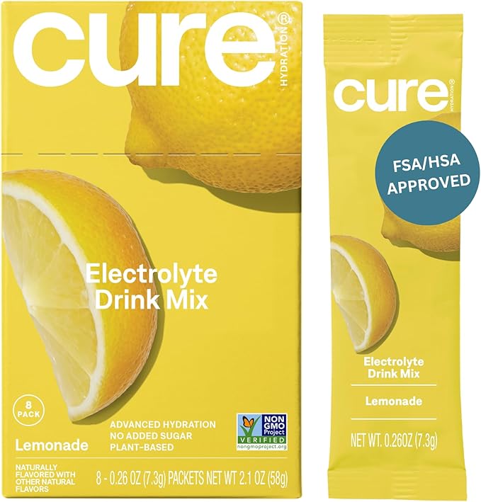 Cure Hydration | Plant-Based Electrolyte Drink Mix | No Added Sugar | FSA-HSA | Dehydration Relief Powder Made with Coconut Water | Non-GMO | Vegan | Box of 8 Packets - Lemonade