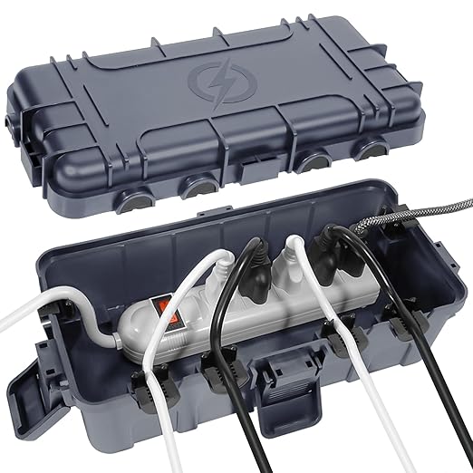 Medium Outdoor Electrical Box (11.6x5.2x4.1 inch), IP54 Waterproof Extension Cord Cover w/ 6 Cable Entry, Weatherproof Connection Box for Power Strip, Plug, Timer, Holiday Lights, Gray
