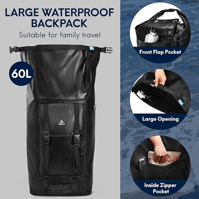 Haimont Waterproof Backpack Roll Top Dry Bag Kayak Dry Backpack for Outdoor Dry Pack Boating Fishing Camping, 60L, Black