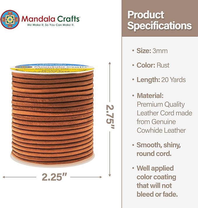 Mandala Crafts Round Genuine Rust Leather Cord for Jewelry Making – 3mm Cowhide Leather Rope String Lace for Kumihimo – 20 Yards Cowhide Craft Cording Spool
