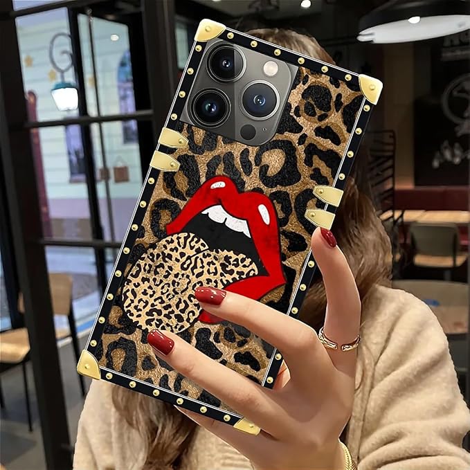 Compatible with iPhone 12 Pro Max Case, Brown Leopard Print Mouth Luxury Golden Decoration for Girl Women Soft TPU Shockproof Protective Hard PC Back for iPhone 12 Pro Max