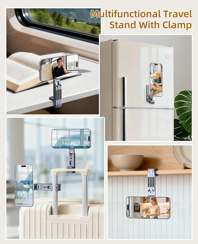 Magnetic Phone Tripod,360°Rotating Adjustable Travel Tripod Mount,Foldable Cell Phone Stand with Clip&1/4" Screw for iPhone 17/16/15/14/13/12 Pro Max&Magsafe Tripod,Fits Gym,Vlog,Travel,Kitchen