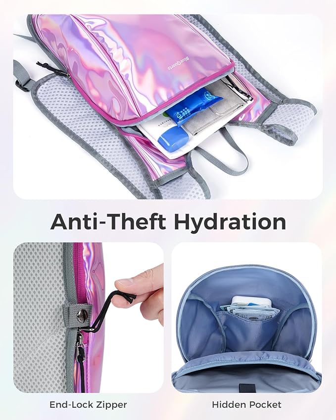 Blue Quartz Rave Hydration Backpack, Reflective Hiking Pack with 2L Water Bladder & Phone Pocket, Hydro Pack with Insulated Compartment for Festival Running Cycling for Men Women