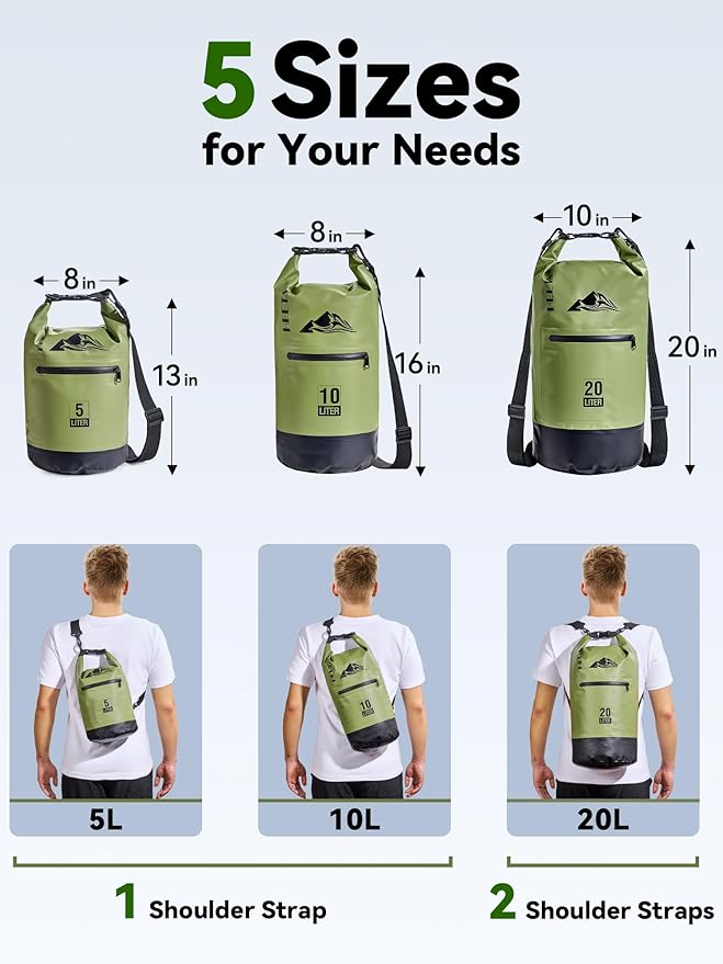HEETA Waterproof Dry Bag with Front Zippered Pocket for Women Men, 5L/10L/20L/30L/40L Roll Top Lightweight Dry Storage Bag Backpack for Travel, Kayaking, Boating, Rafting, Camping, Hiking & Beach