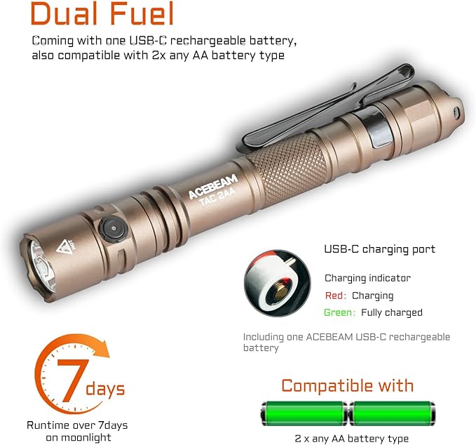 ACEBEAM TAC 2AA EDC Tactical Dual Modes Flashlight Rechargeable, 1470 High Lumens Flashlight, Dual Switch Pocket LED Flashlight, Super Bright Small Flash Light for Emergency, Camping, Home(CREE XP-LR)