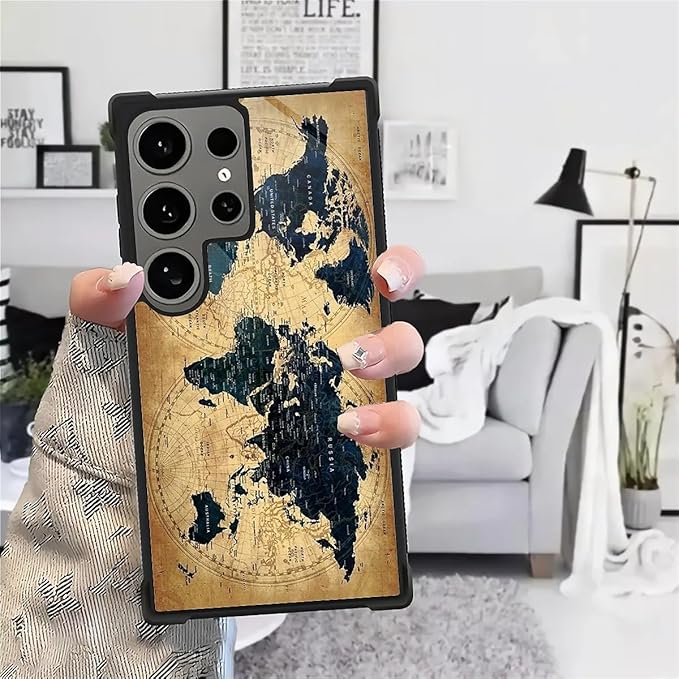 for Samsung Galaxy S24 Ultra Case, Brown World Map Pattern Graphic Design Girl Boy Soft Silicone Hard Acrylic Shock Protection for Samsung Galaxy S24 Ultra